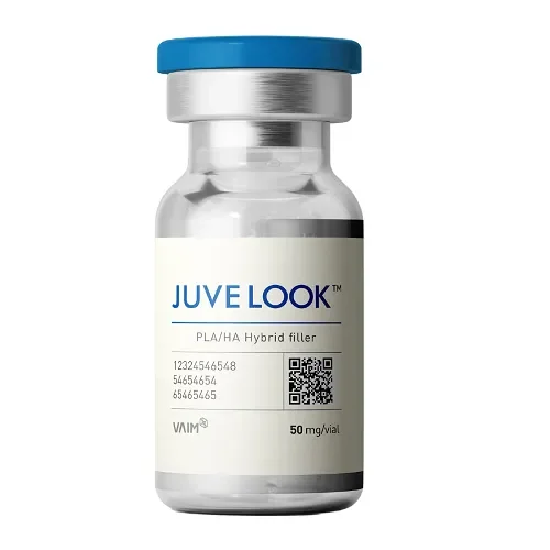 Juvelook PDLLA hybrid skin booster vial on a stainless tray inside a senior Cheongdam dermatology preparation room