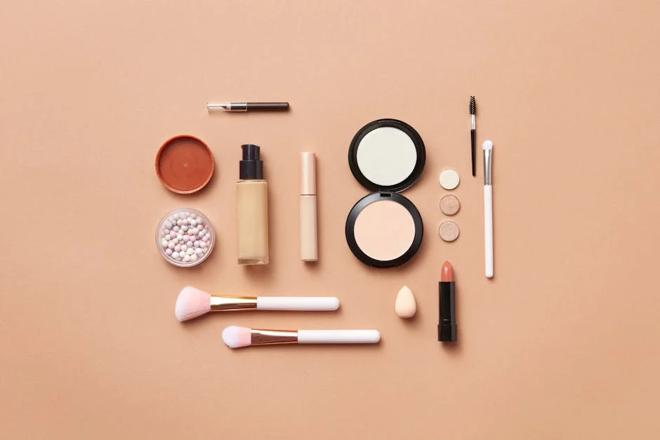Editorial flat-lay of a Korean AM and PM skincare routine — cleanser, toner, essence, serum, moisturiser, and SPF on a marble counter